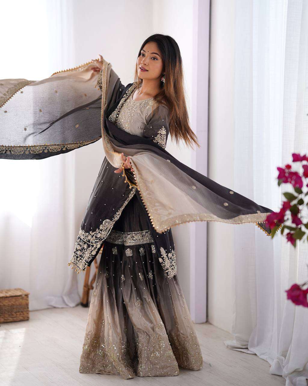 Women's Chinon Silk Sequence With Rivet Moti Work Straight Kurta With Sharara and Dupatta Set - Image 6